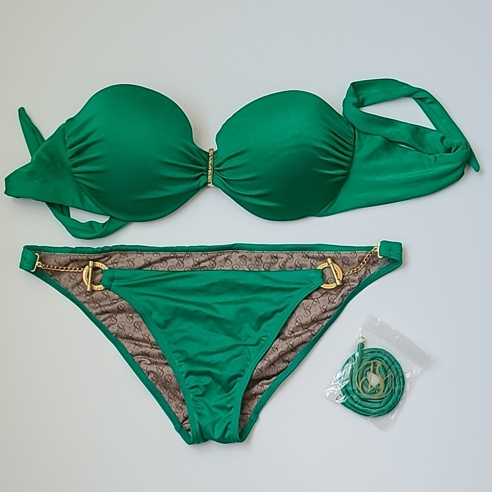 Victoria's Secret Emerald Green bandeau top 32D toggle side bottom M Bikini Set